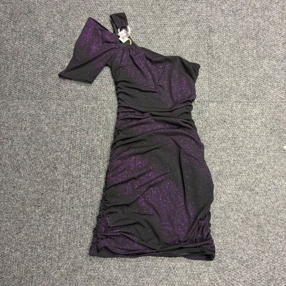 Deb One Shoulder Ruched Glitter Mini Dress Purple Black Sparkle Rhinestone Small